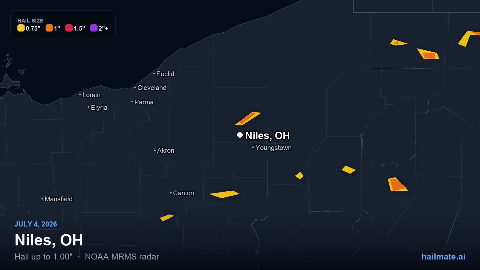 Hail swath map for Niles, OH on July 4, 2026 showing 1.00 inch hail.