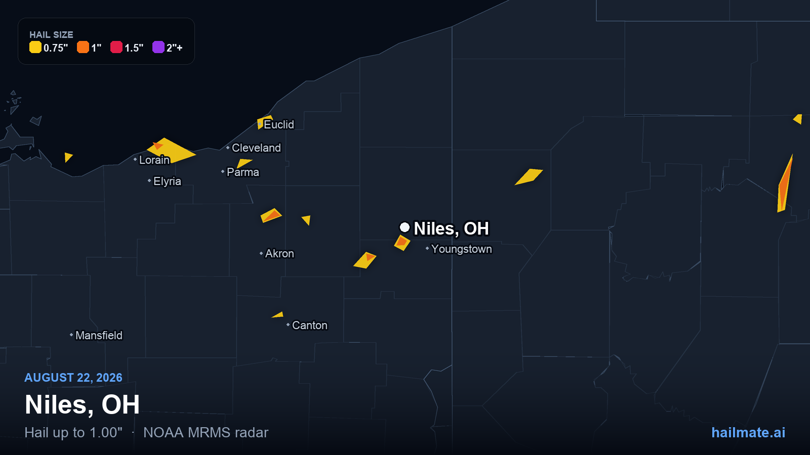 Hail swath map for Niles, OH on August 22, 2026 showing 1.00 inch hail.