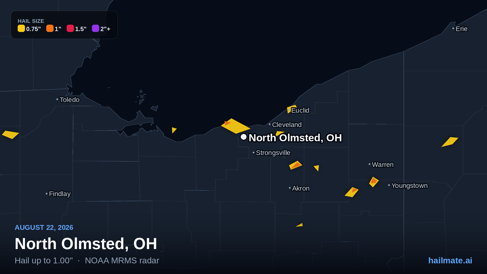 Hail swath map for North Olmsted, OH on August 22, 2026 showing 1.00 inch hail.