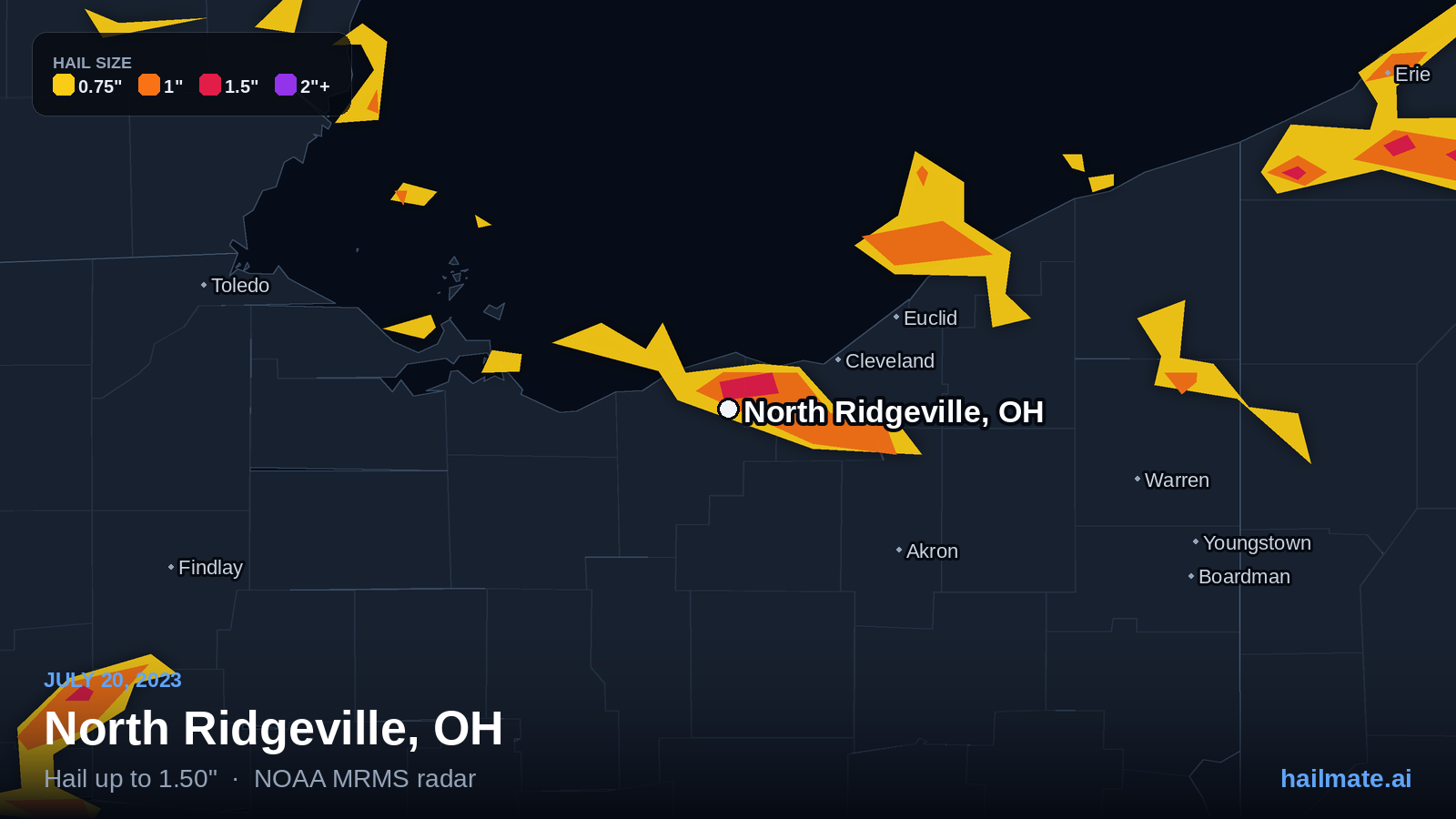 Hail swath map for North Ridgeville, OH on July 20, 2023 showing 1.50 inch hail.