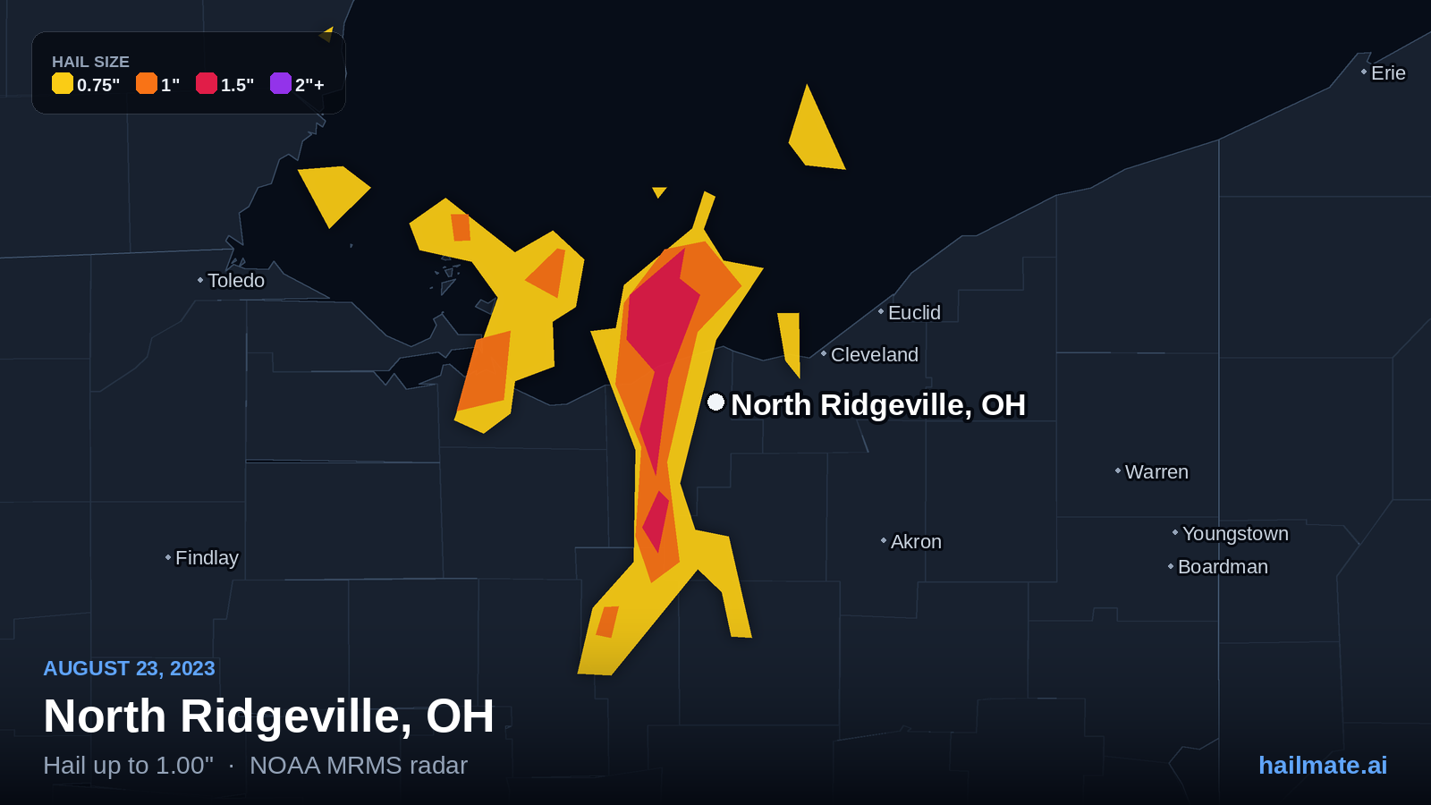 Hail swath map for North Ridgeville, OH on August 23, 2023 showing 1.00 inch hail.