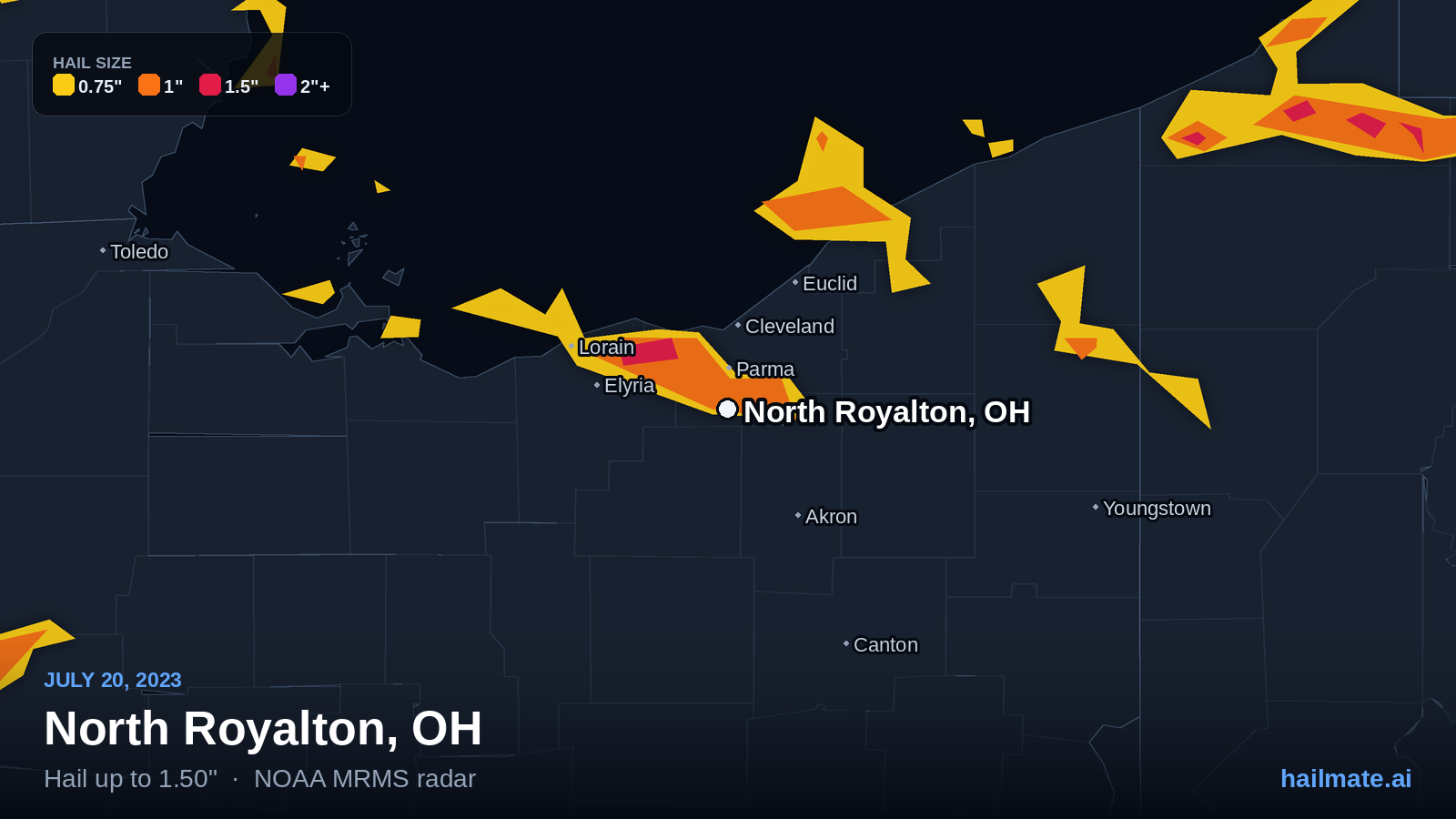 Hail swath map for North Royalton, OH on July 20, 2023 showing 1.50 inch hail.