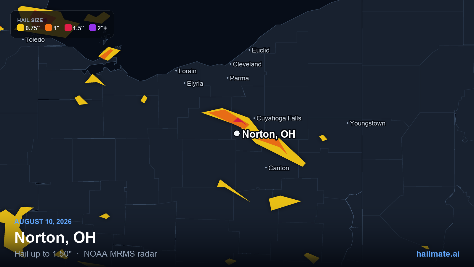 Hail swath map for Norton, OH on August 10, 2026 showing 1.50 inch hail.