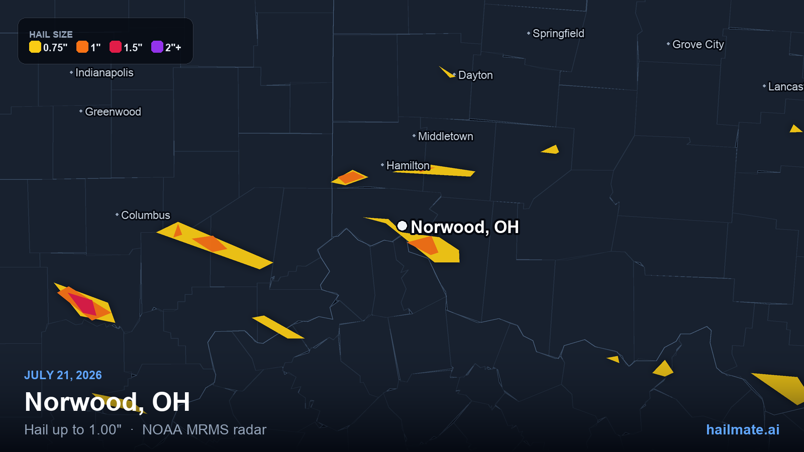 Hail swath map for Norwood, OH on July 21, 2026 showing 1.00 inch hail.