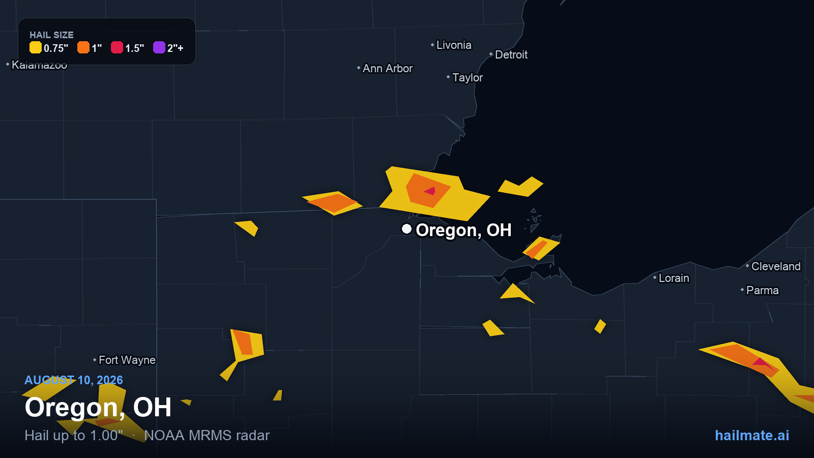 Hail swath map for Oregon, OH on August 10, 2026 showing 1.00 inch hail.