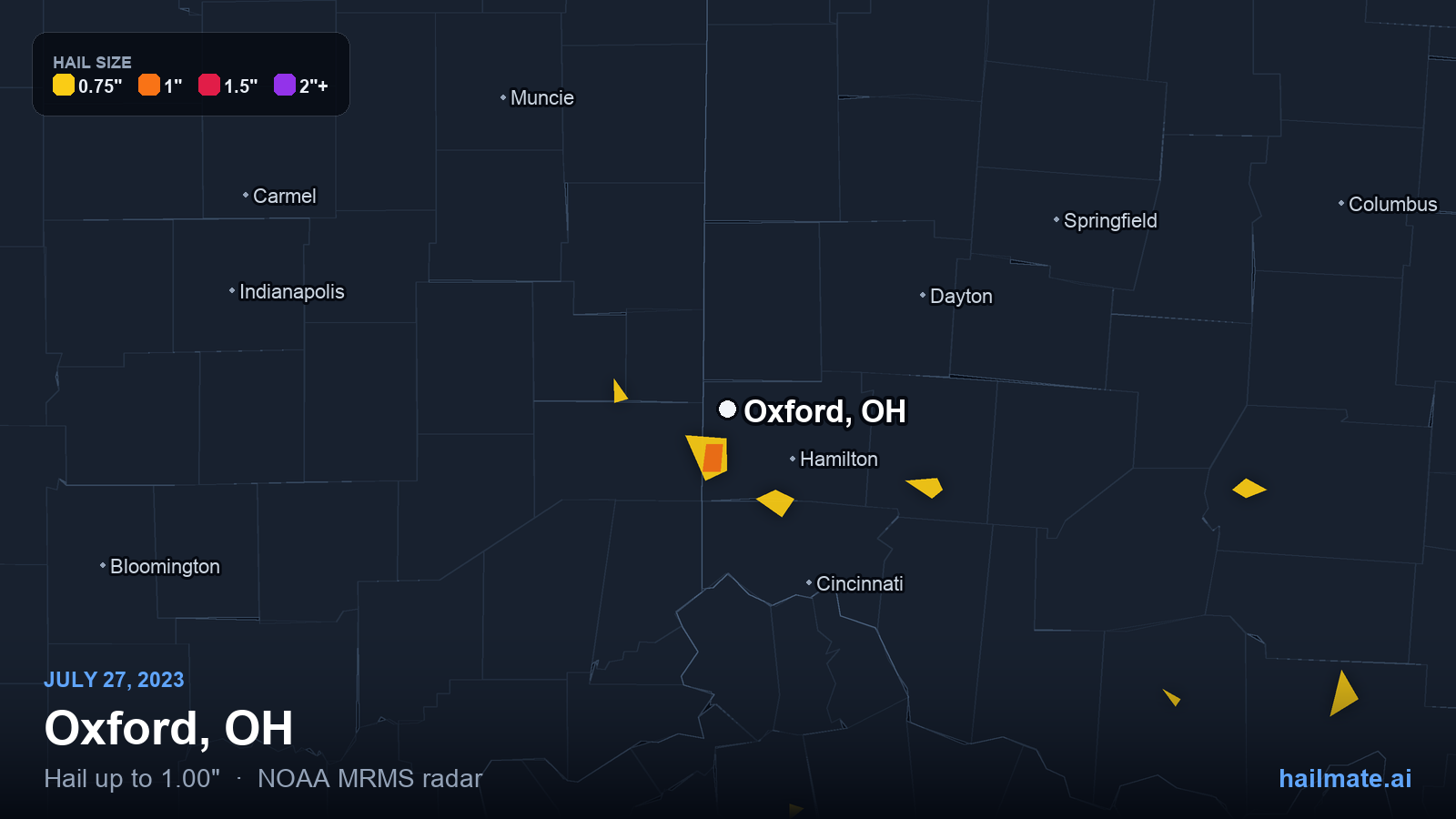 Hail swath map for Oxford, OH on July 27, 2023 showing 1.00 inch hail.