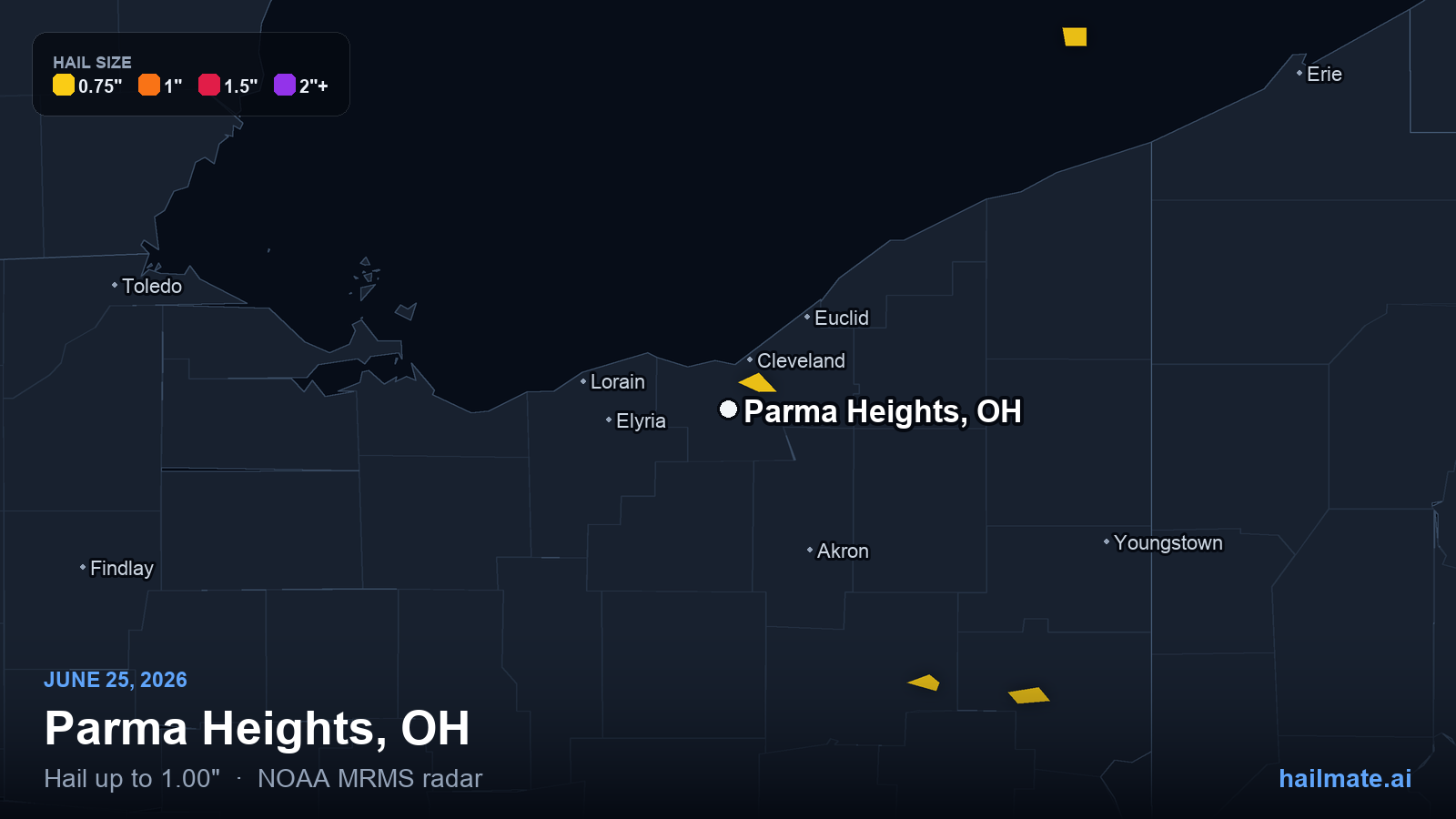 Hail swath map for Parma Heights, OH on June 25, 2026 showing 1.00 inch hail.