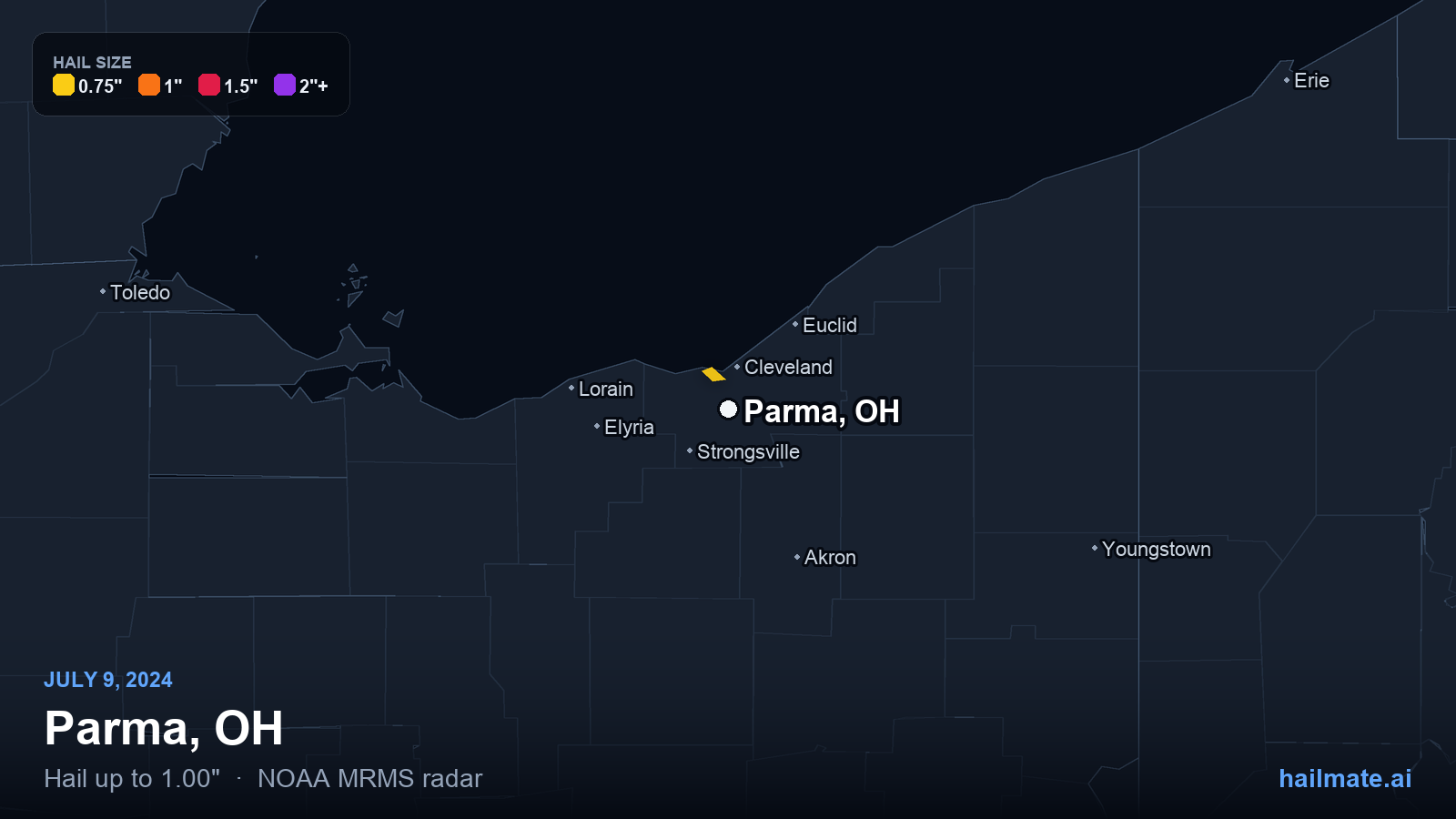 Hail swath map for Parma, OH on July 9, 2024 showing 1.00 inch hail.