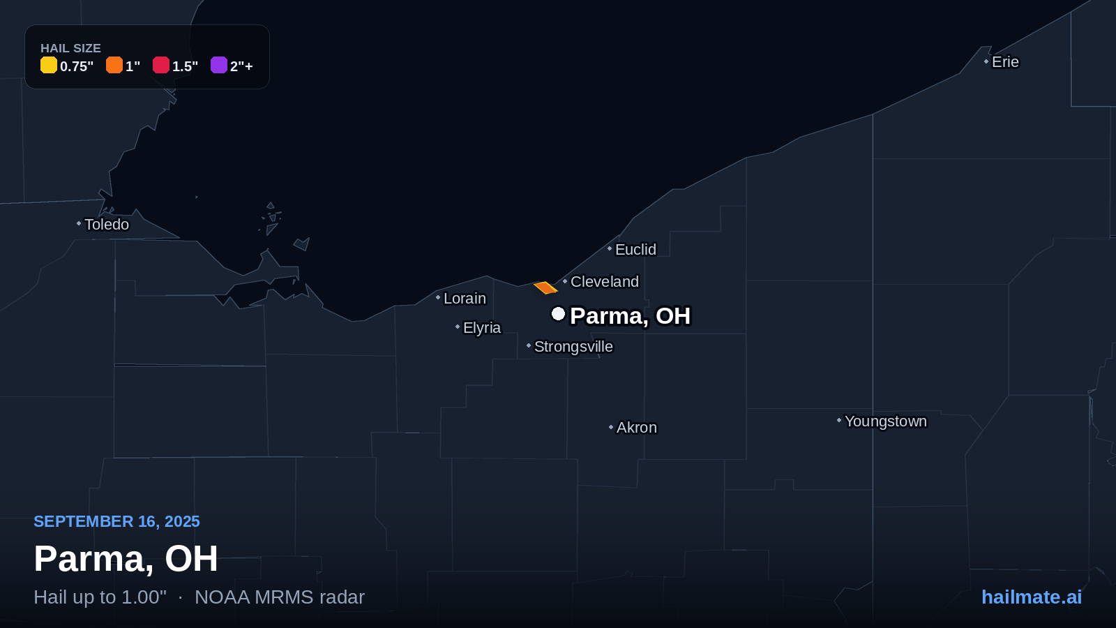 Hail swath map for Parma, OH on September 16, 2025 showing 1.00 inch hail.