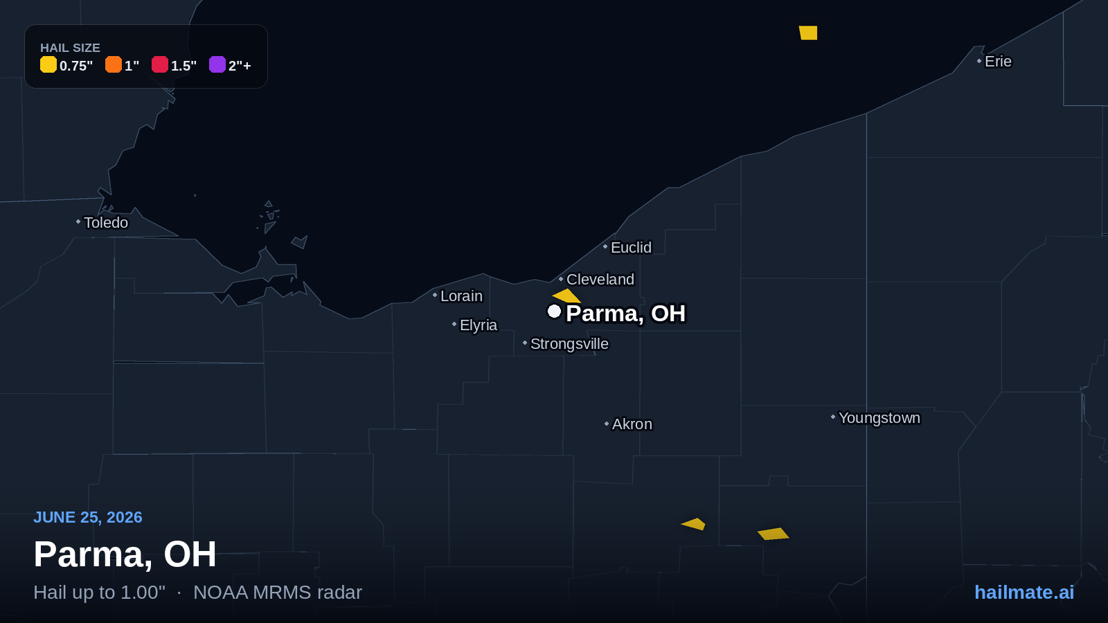 Hail swath map for Parma, OH on June 25, 2026 showing 1.00 inch hail.