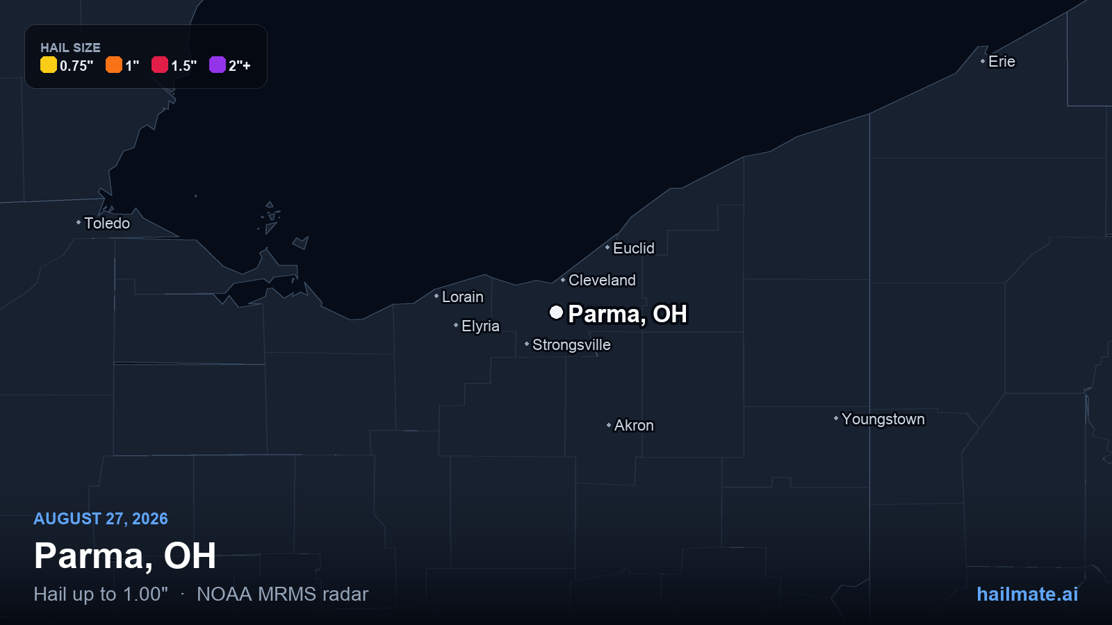 Hail swath map for Parma, OH on August 27, 2026 showing 1.00 inch hail.