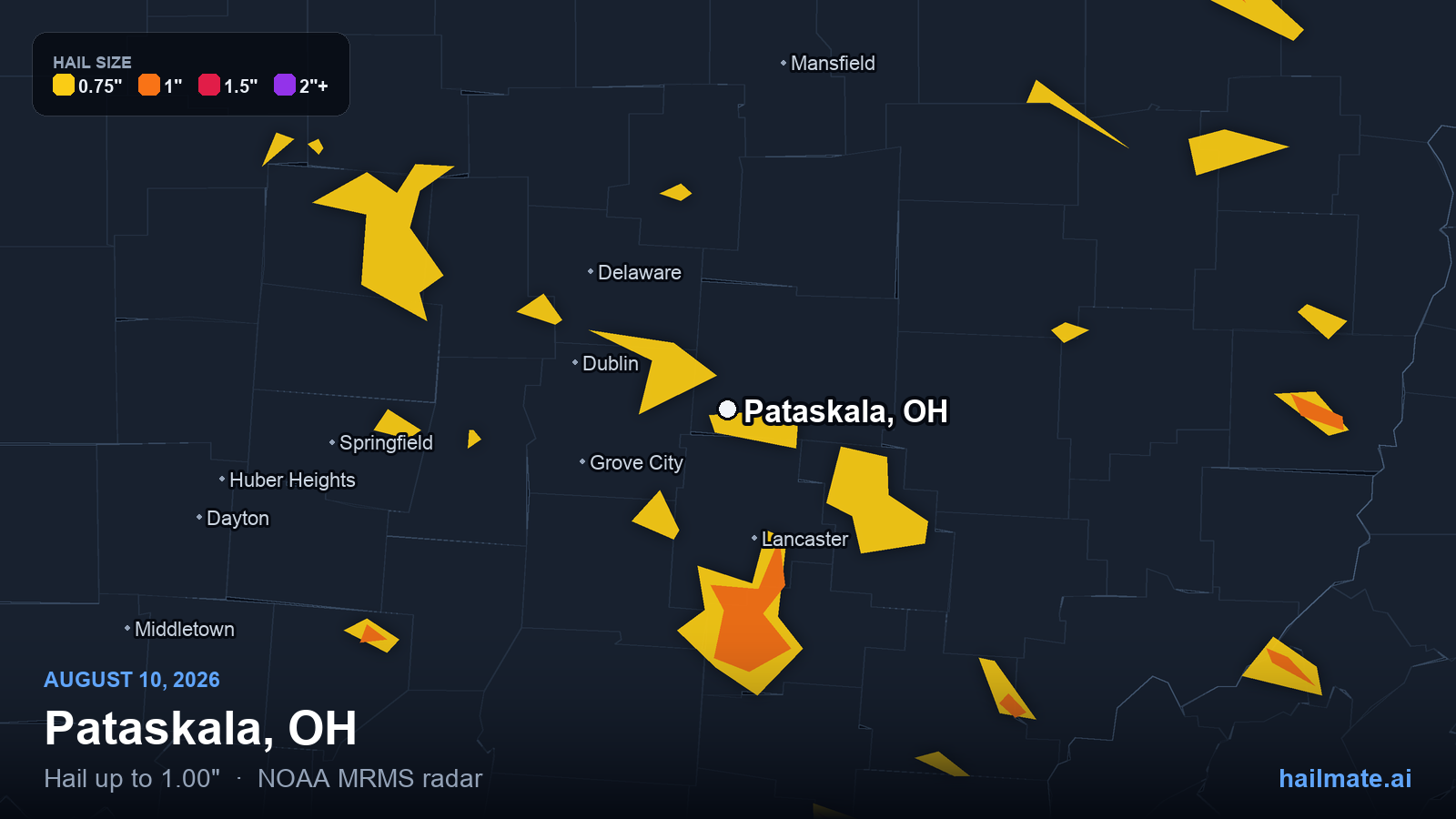Hail swath map for Pataskala, OH on August 10, 2026 showing 1.00 inch hail.