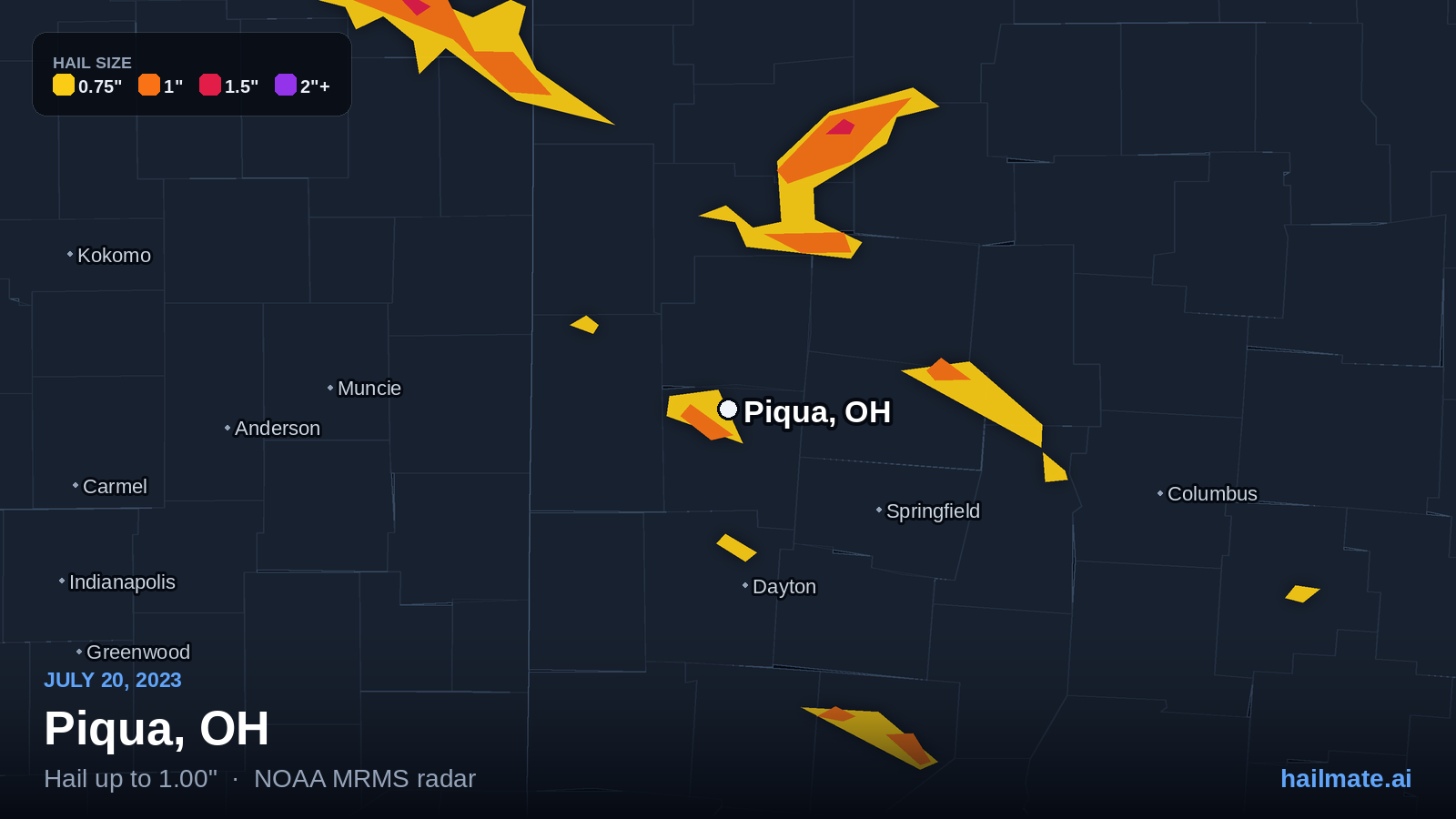 Hail swath map for Piqua, OH on July 20, 2023 showing 1.00 inch hail.