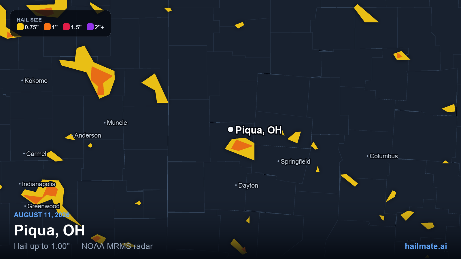 Hail swath map for Piqua, OH on August 11, 2026 showing 1.00 inch hail.