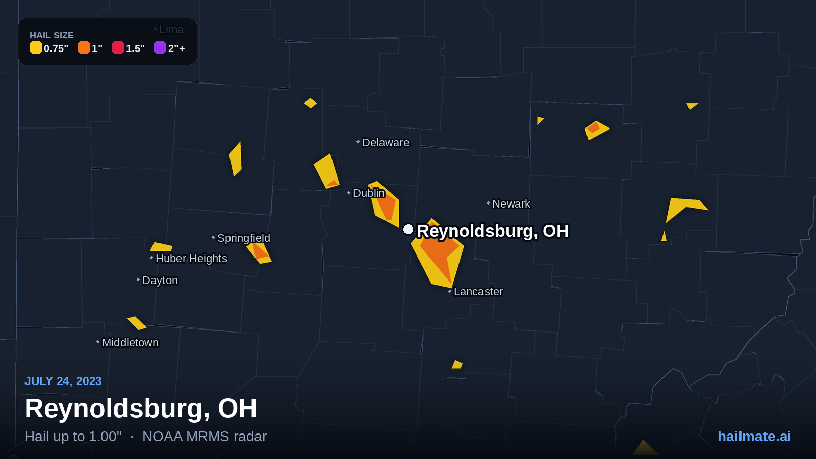 Hail swath map for Reynoldsburg, OH on July 24, 2023 showing 1.00 inch hail.