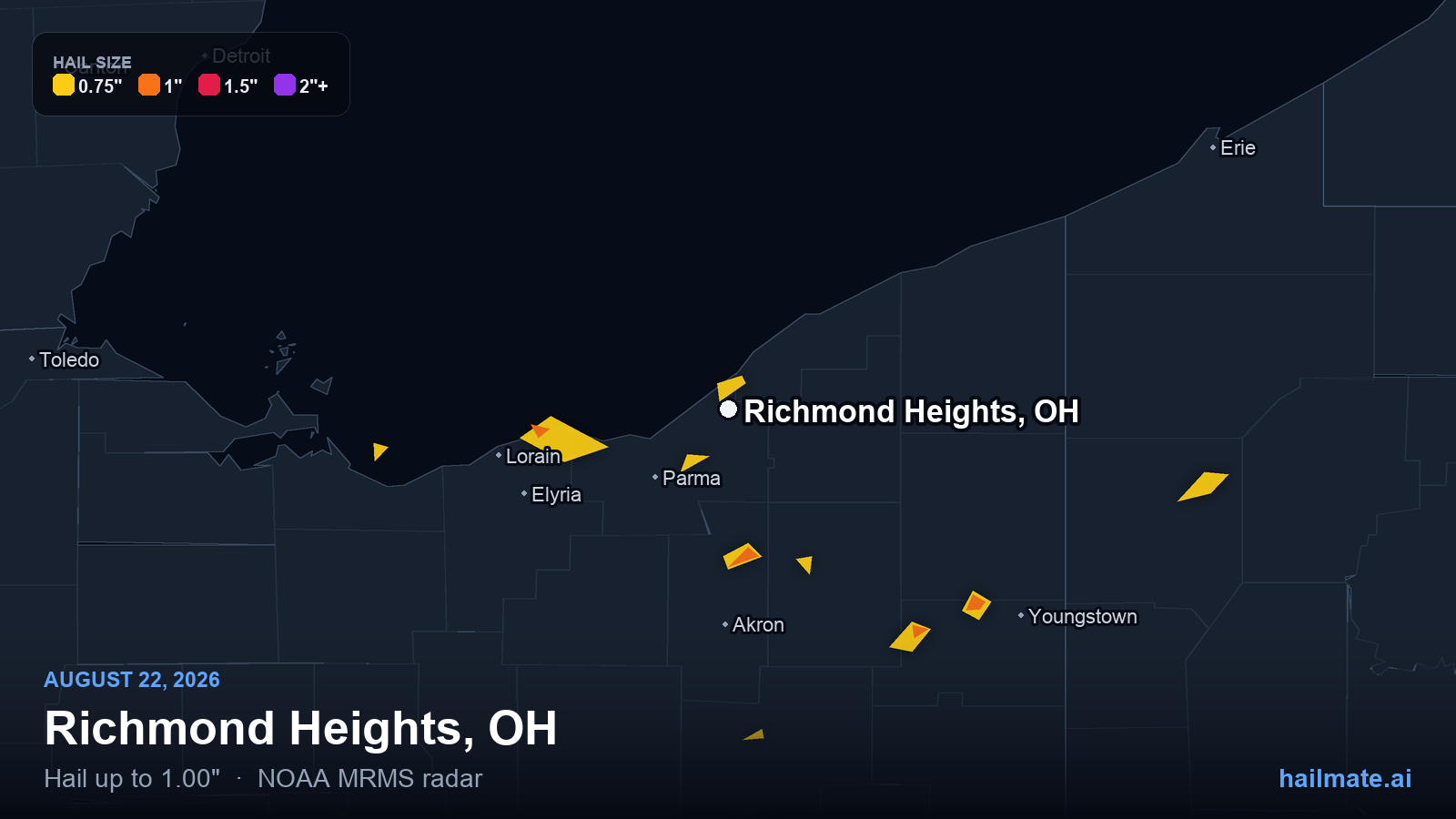 Hail swath map for Richmond Heights, OH on August 22, 2026 showing 1.00 inch hail.