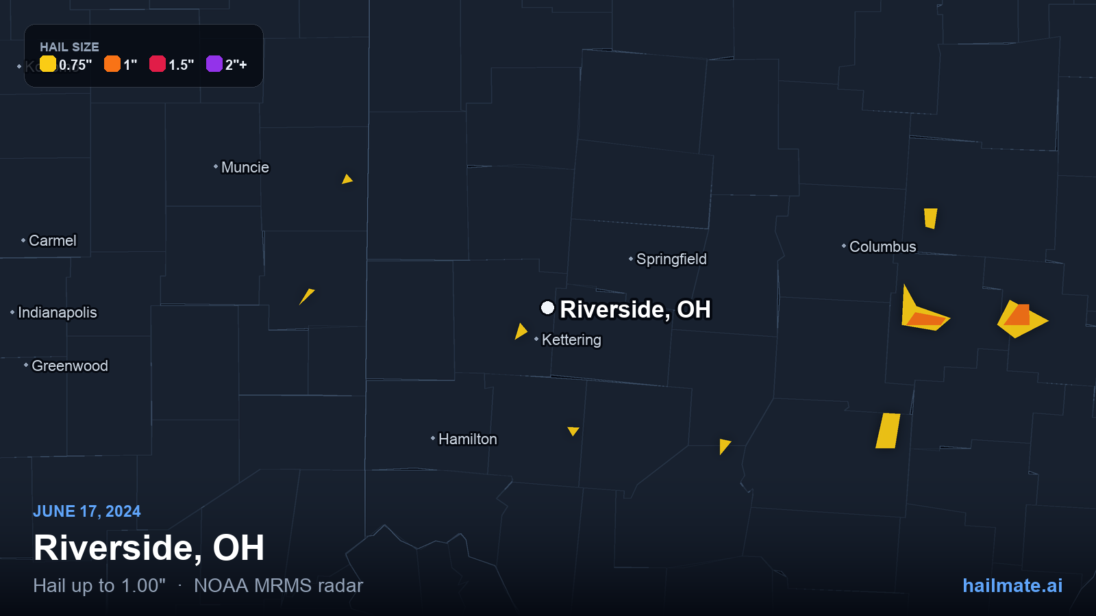 Hail swath map for Riverside, OH on June 17, 2024 showing 1.00 inch hail.