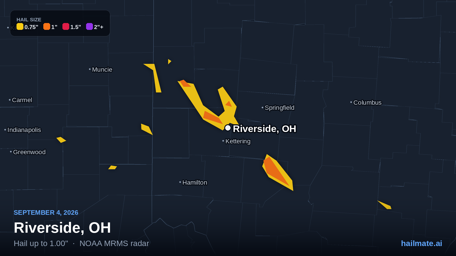 Hail swath map for Riverside, OH on September 4, 2026 showing 1.00 inch hail.