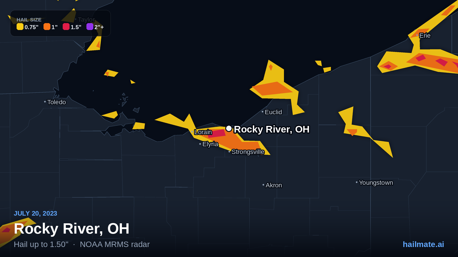 Hail swath map for Rocky River, OH on July 20, 2023 showing 1.50 inch hail.
