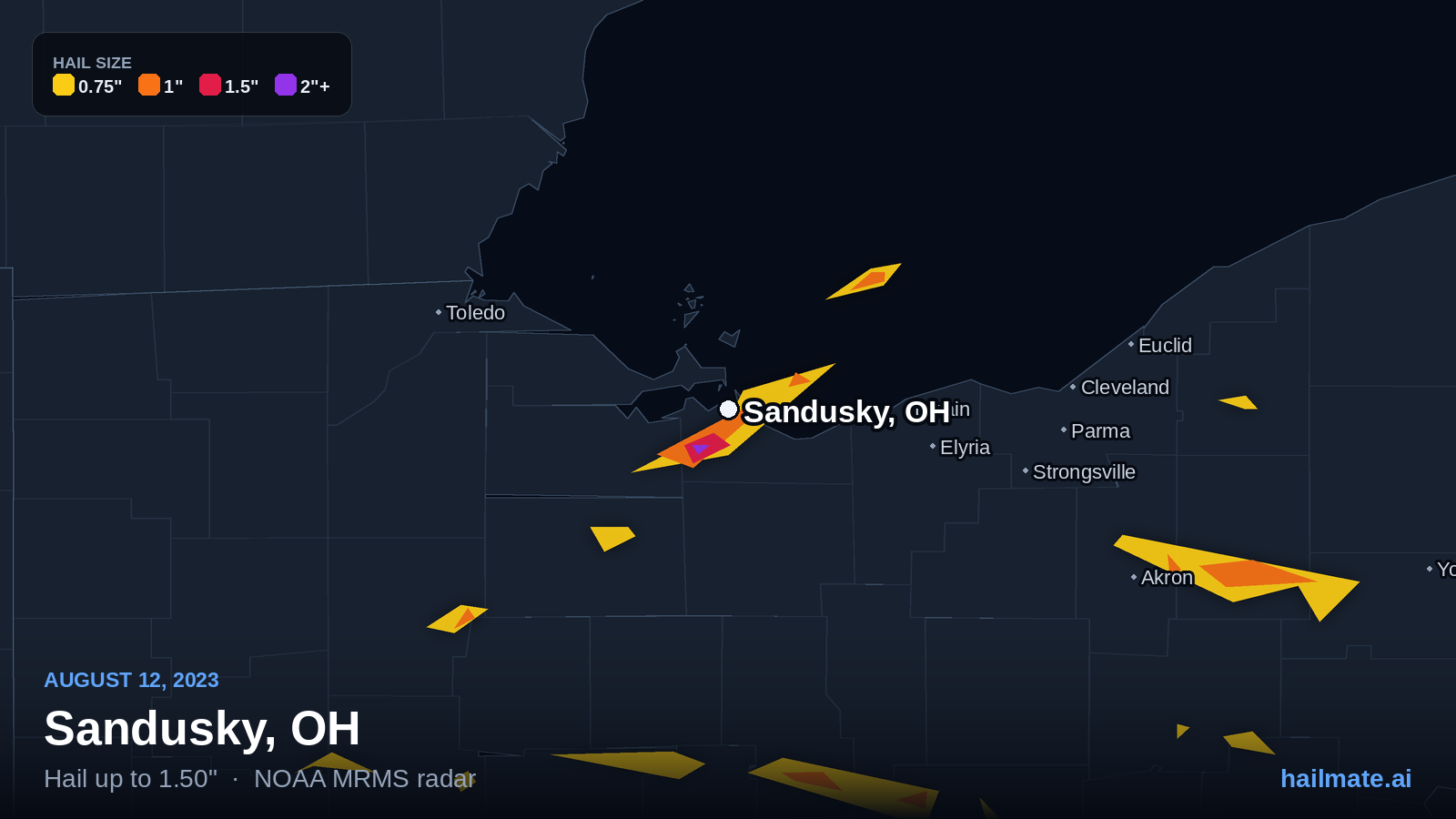Hail swath map for Sandusky, OH on August 12, 2023 showing 1.50 inch hail.