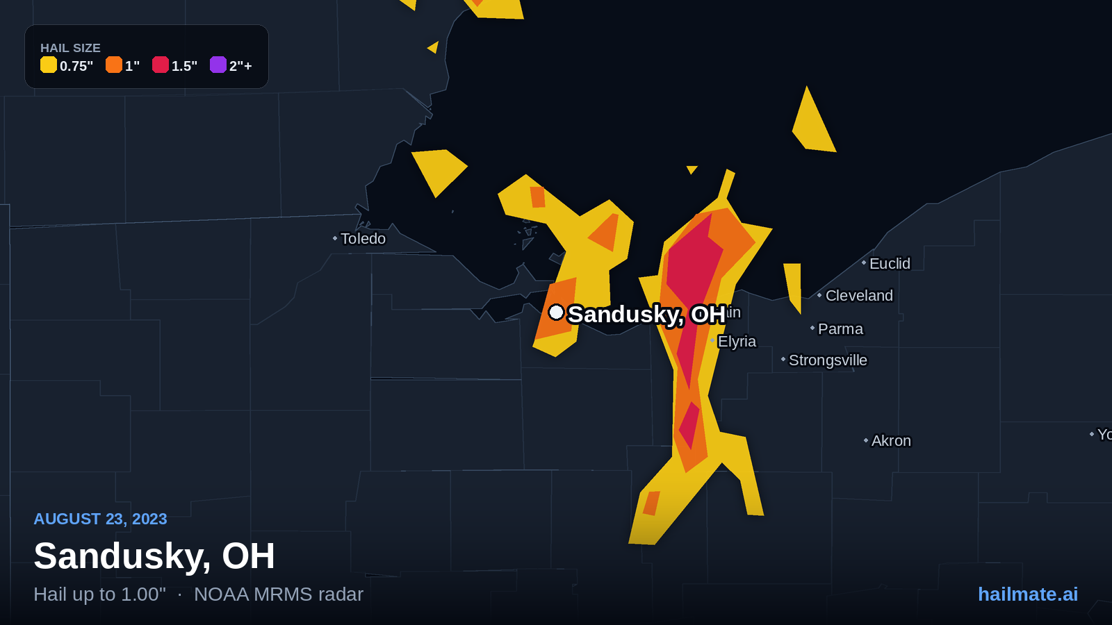 Hail swath map for Sandusky, OH on August 23, 2023 showing 1.00 inch hail.