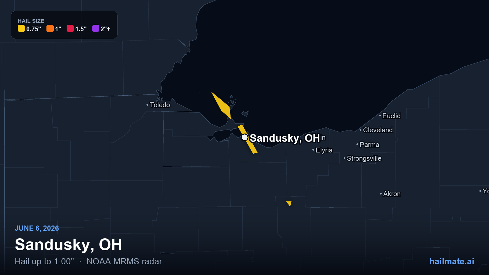 Hail swath map for Sandusky, OH on June 6, 2026 showing 1.00 inch hail.
