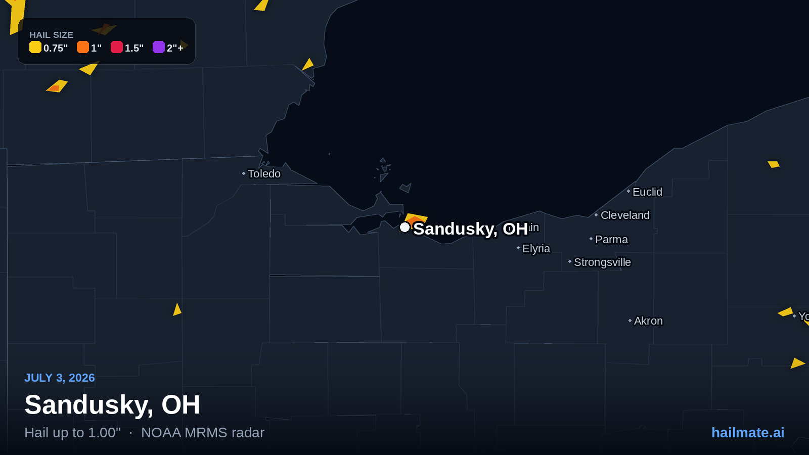Hail swath map for Sandusky, OH on July 3, 2026 showing 1.00 inch hail.