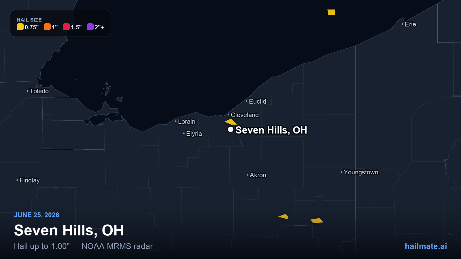 Hail swath map for Seven Hills, OH on June 25, 2026 showing 1.00 inch hail.