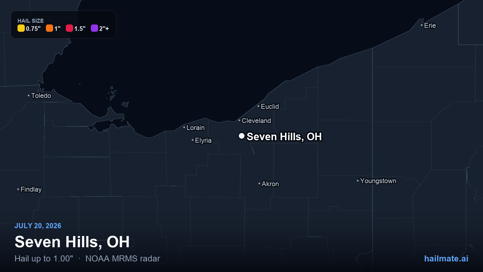 Hail swath map for Seven Hills, OH on July 20, 2026 showing 1.00 inch hail.