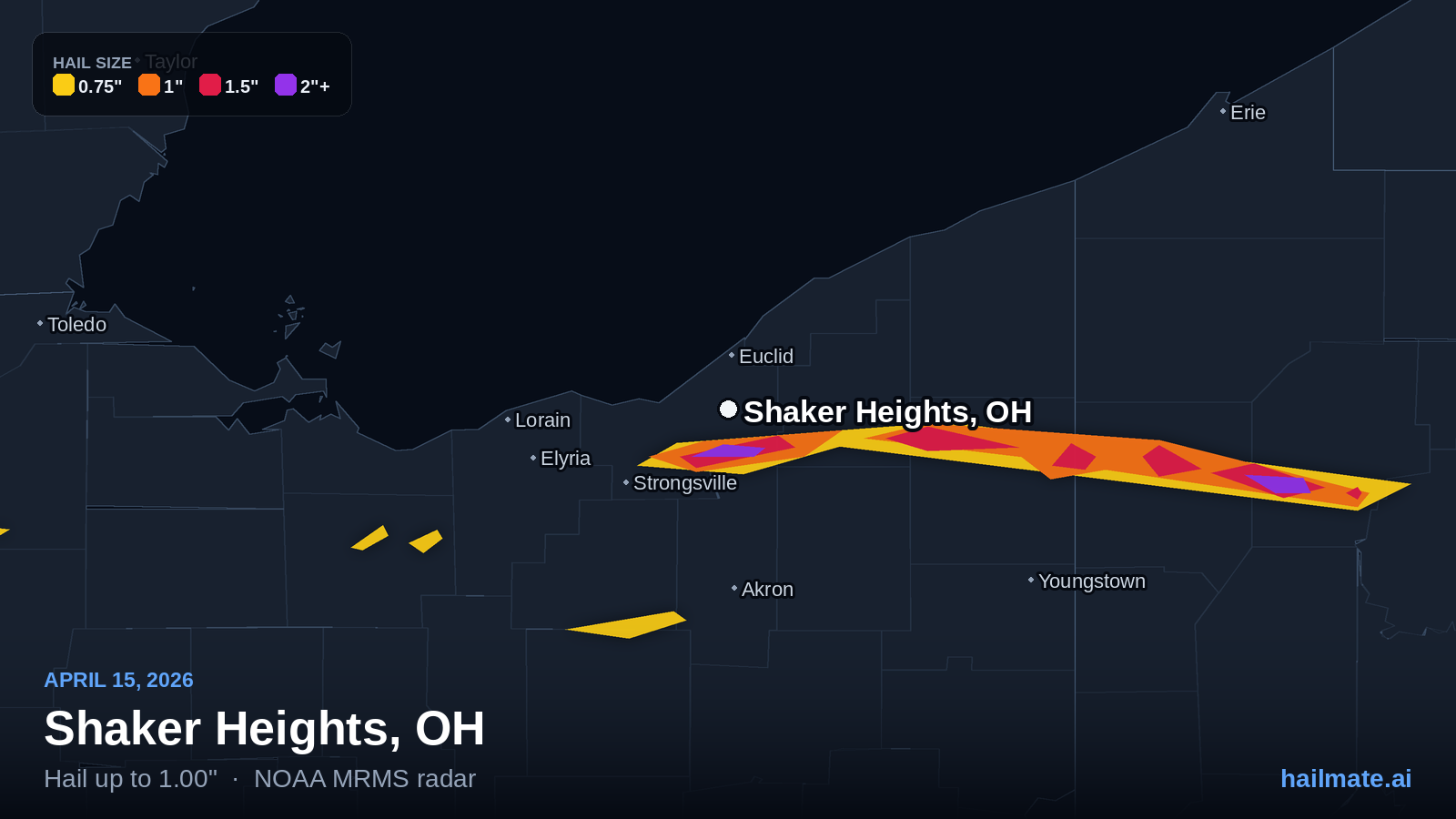Hail swath map for Shaker Heights, OH on April 15, 2026 showing 1.00 inch hail.