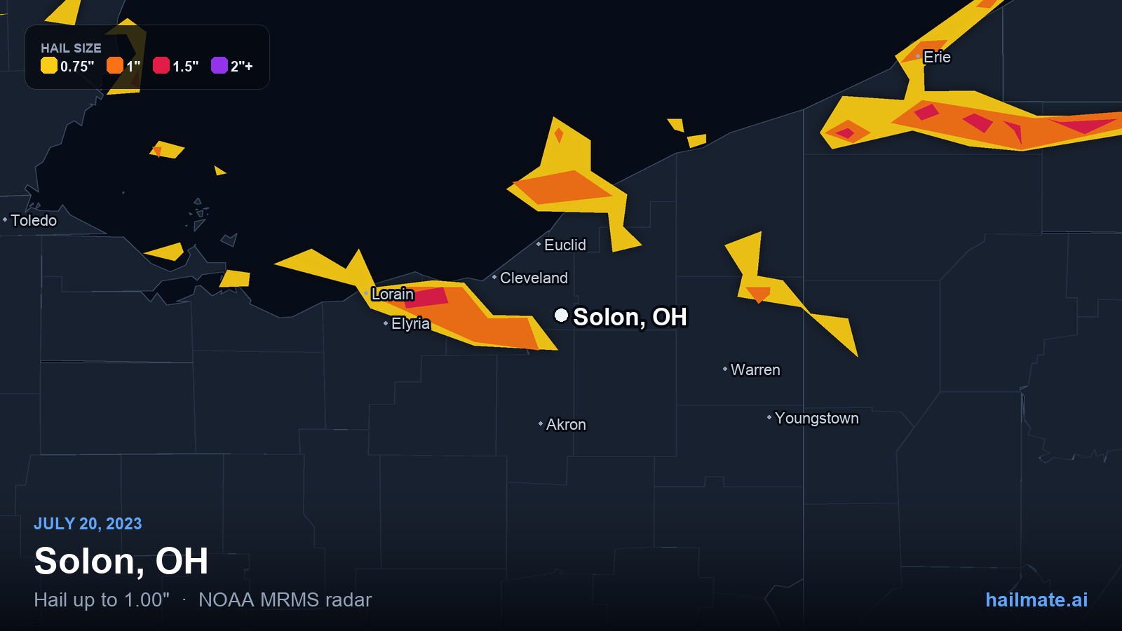 Hail swath map for Solon, OH on July 20, 2023 showing 1.00 inch hail.