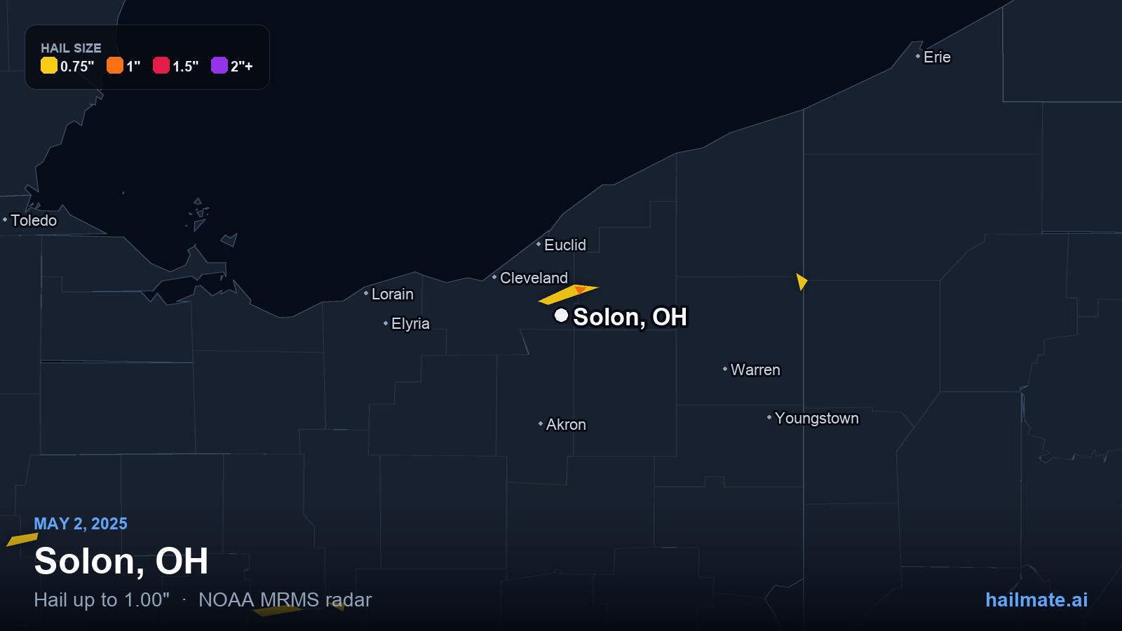 Hail swath map for Solon, OH on May 2, 2025 showing 1.00 inch hail.