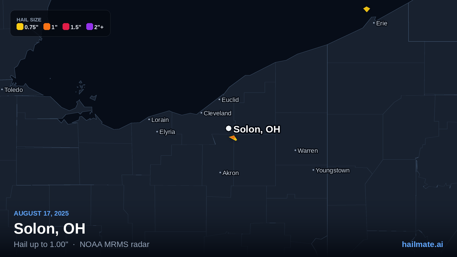 Hail swath map for Solon, OH on August 17, 2025 showing 1.00 inch hail.
