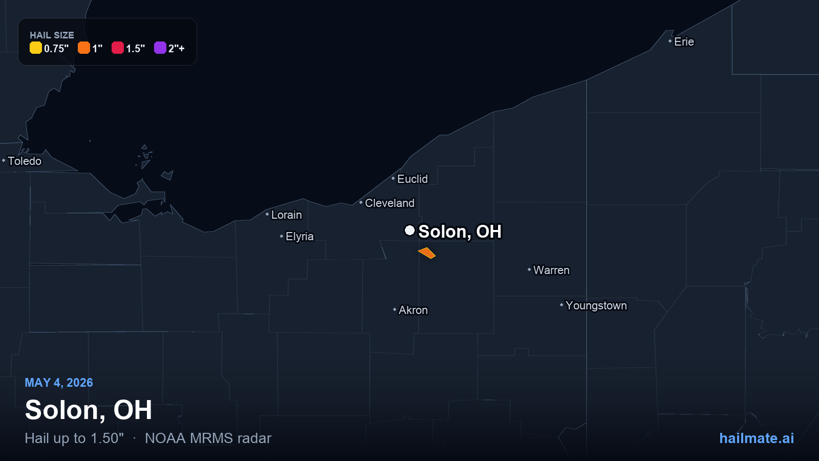 Hail swath map for Solon, OH on May 4, 2026 showing 1.50 inch hail.