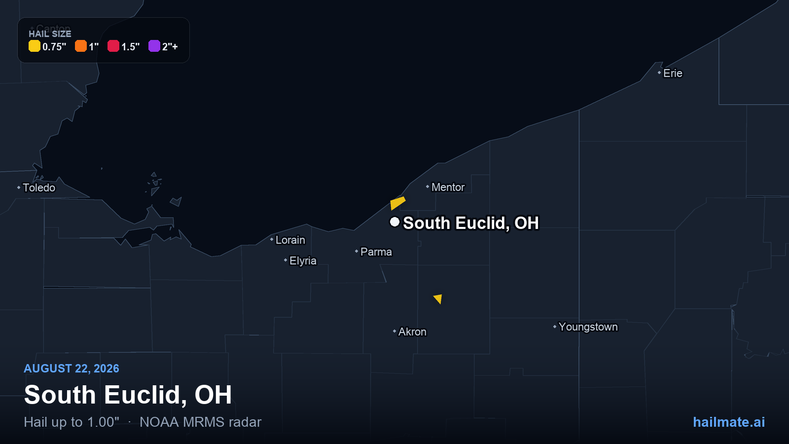 Hail swath map for South Euclid, OH on August 22, 2026 showing 1.00 inch hail.