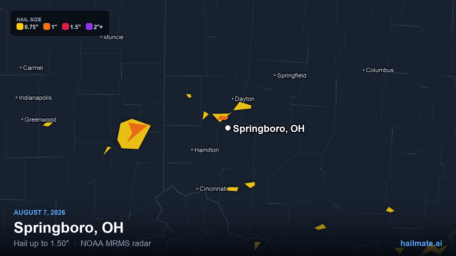 Hail swath map for Springboro, OH on August 7, 2026 showing 1.50 inch hail.