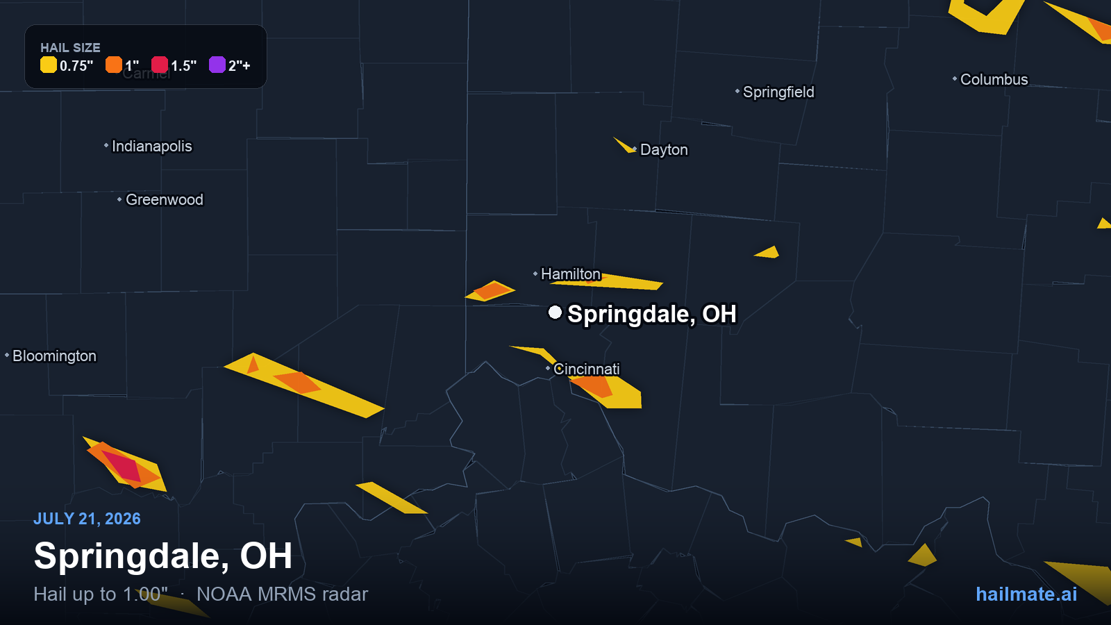 Hail swath map for Springdale, OH on July 21, 2026 showing 1.00 inch hail.