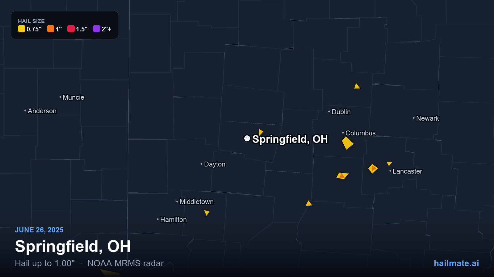 Hail swath map for Springfield, OH on June 26, 2025 showing 1.00 inch hail.