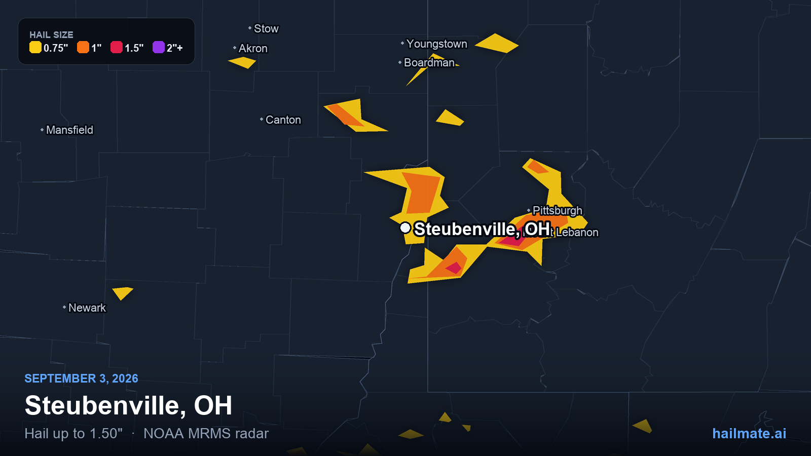 Hail swath map for Steubenville, OH on September 3, 2026 showing 1.50 inch hail.