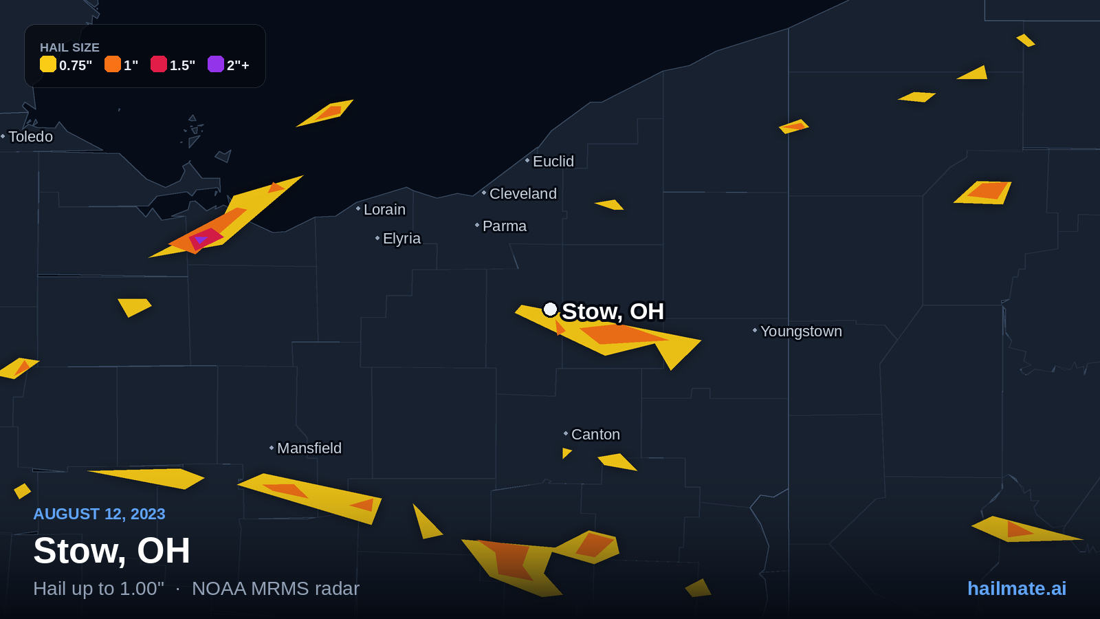 Hail swath map for Stow, OH on August 12, 2023 showing 1.00 inch hail.