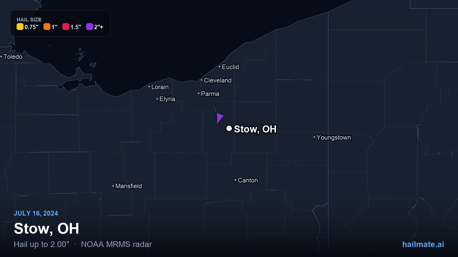 Hail swath map for Stow, OH on July 16, 2024 showing 2.00 inch hail.