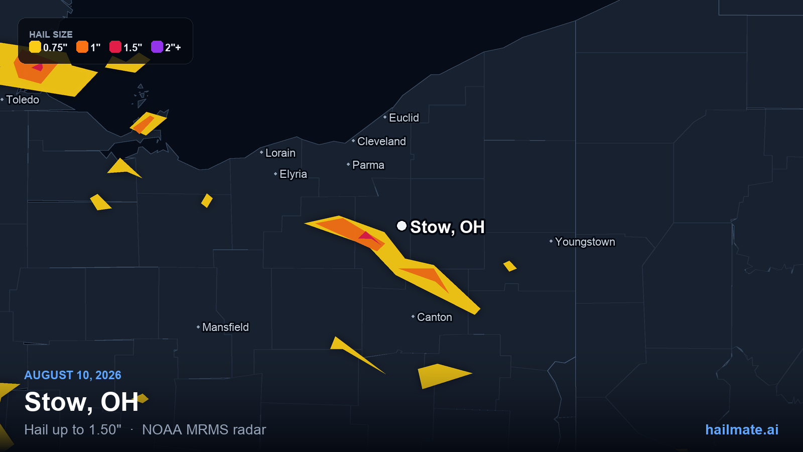 Hail swath map for Stow, OH on August 10, 2026 showing 1.50 inch hail.