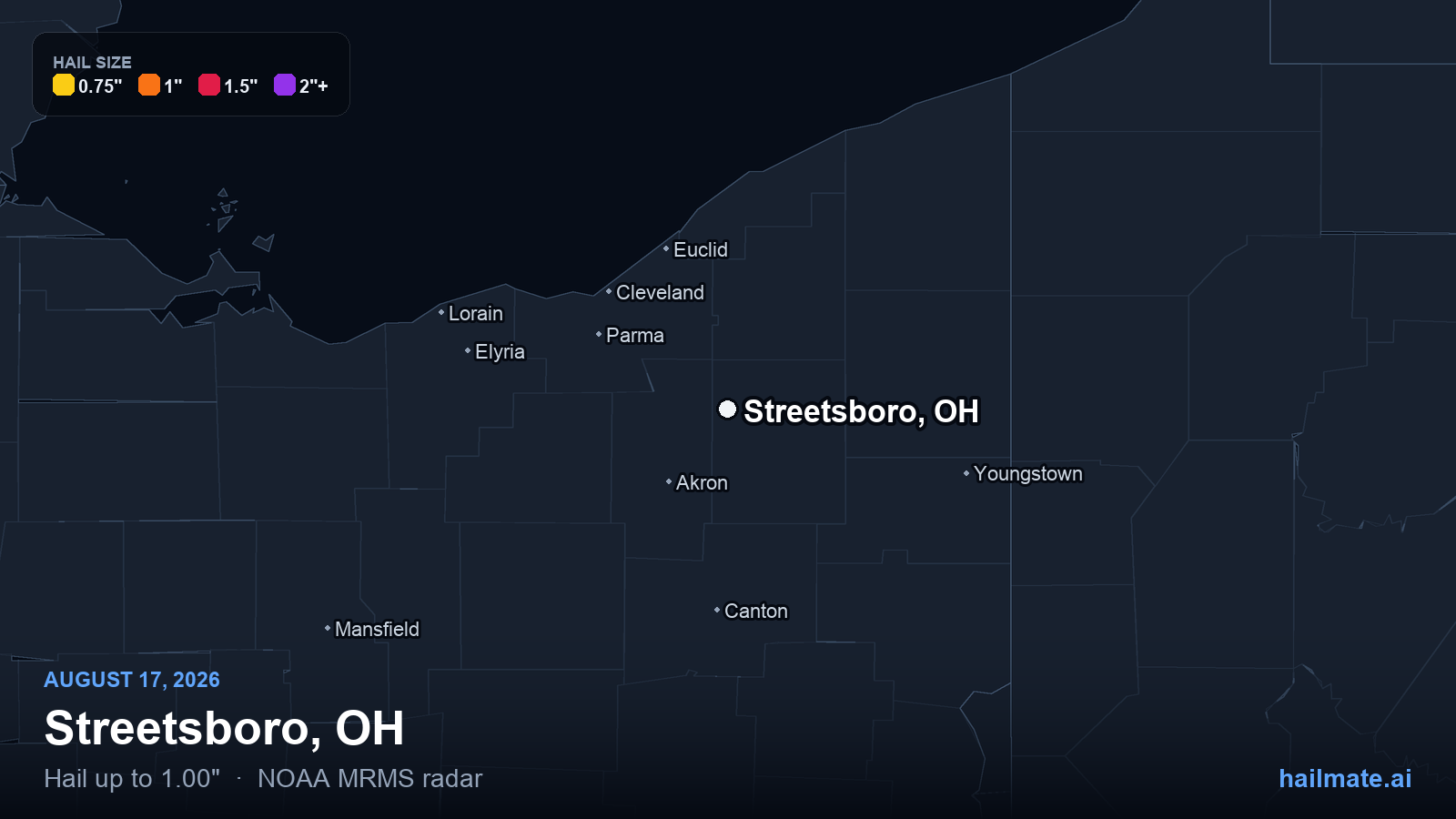 Hail swath map for Streetsboro, OH on August 17, 2026 showing 1.00 inch hail.