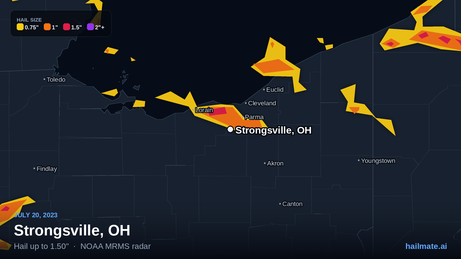 Hail swath map for Strongsville, OH on July 20, 2023 showing 1.50 inch hail.