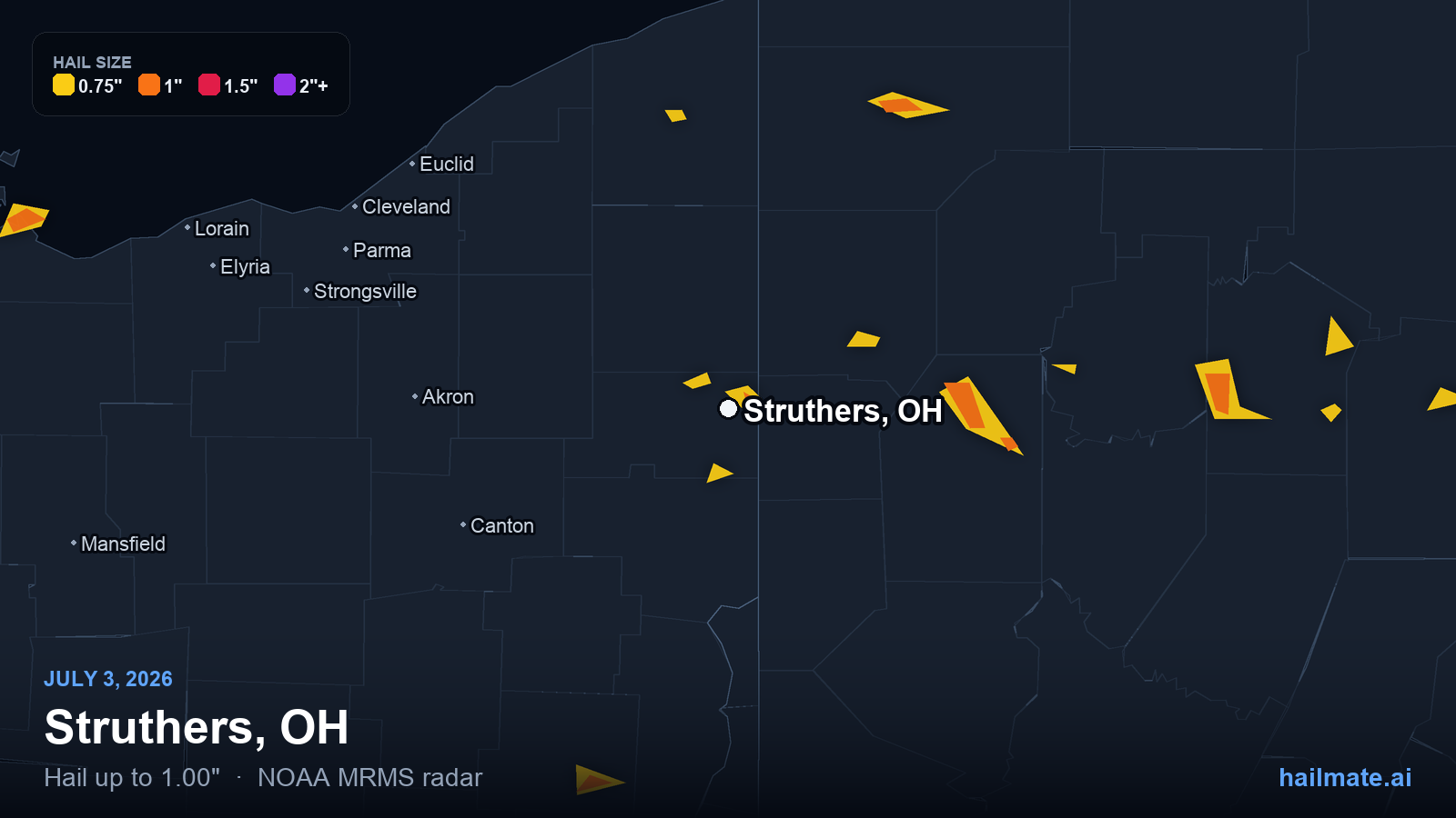Hail swath map for Struthers, OH on July 3, 2026 showing 1.00 inch hail.