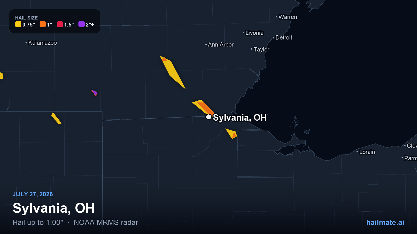 Hail swath map for Sylvania, OH on July 27, 2026 showing 1.00 inch hail.