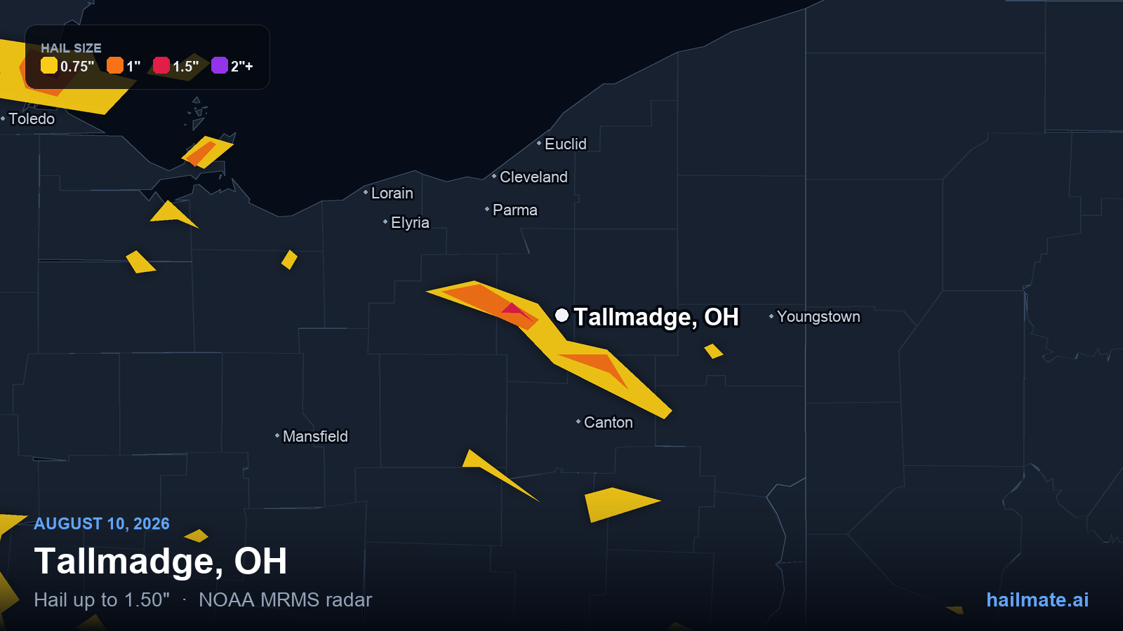 Hail swath map for Tallmadge, OH on August 10, 2026 showing 1.50 inch hail.