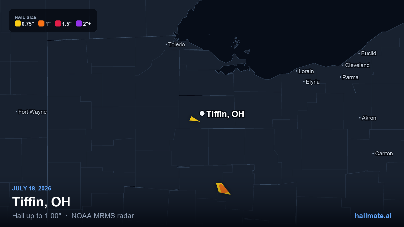 Hail swath map for Tiffin, OH on July 18, 2026 showing 1.00 inch hail.