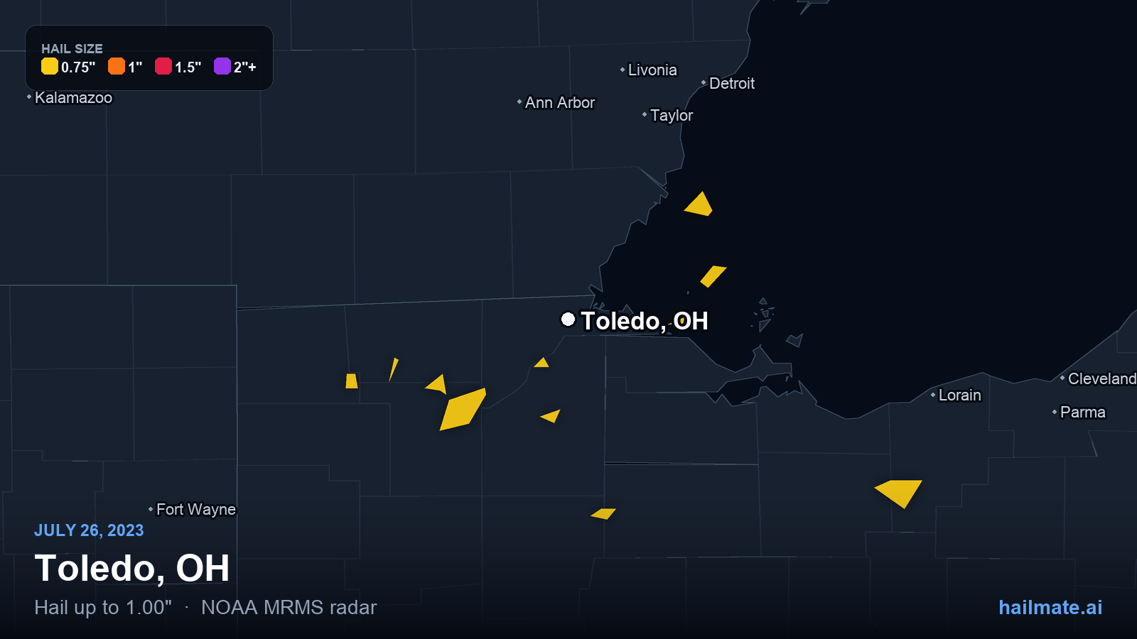 Hail swath map for Toledo, OH on July 26, 2023 showing 1.00 inch hail.