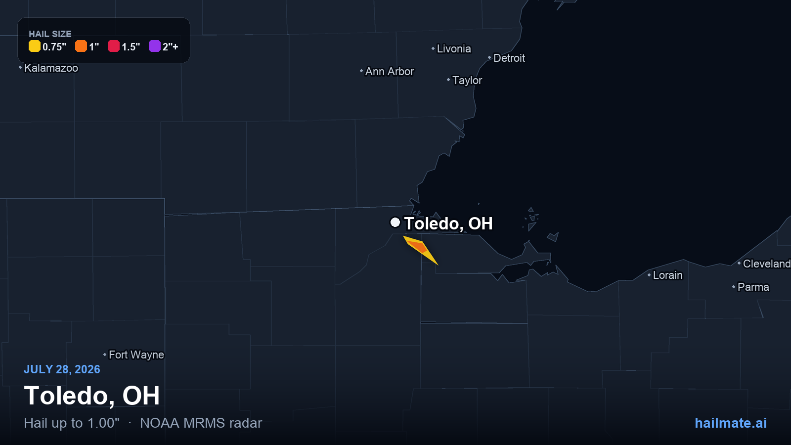 Hail swath map for Toledo, OH on July 28, 2026 showing 1.00 inch hail.